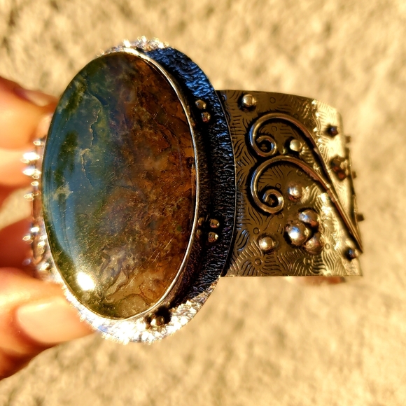 New Indian Moss Agate 925 Silver Cuff Bracelet. - Picture 11 of 16